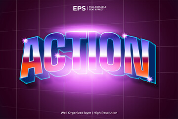 3d editable action retro text effect template in 80s style vector illustration