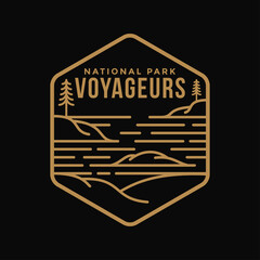 Outline simple logo of Voyageurs National Park Emblem patch on dark background.