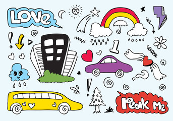 Fototapeta premium hand-drawn colorful doodle set on blue background.