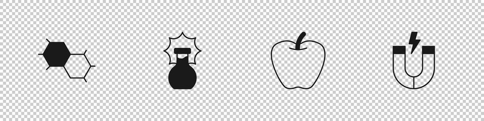 Set Chemical formula, Explosion in the flask, Apple and Magnet icon. Vector