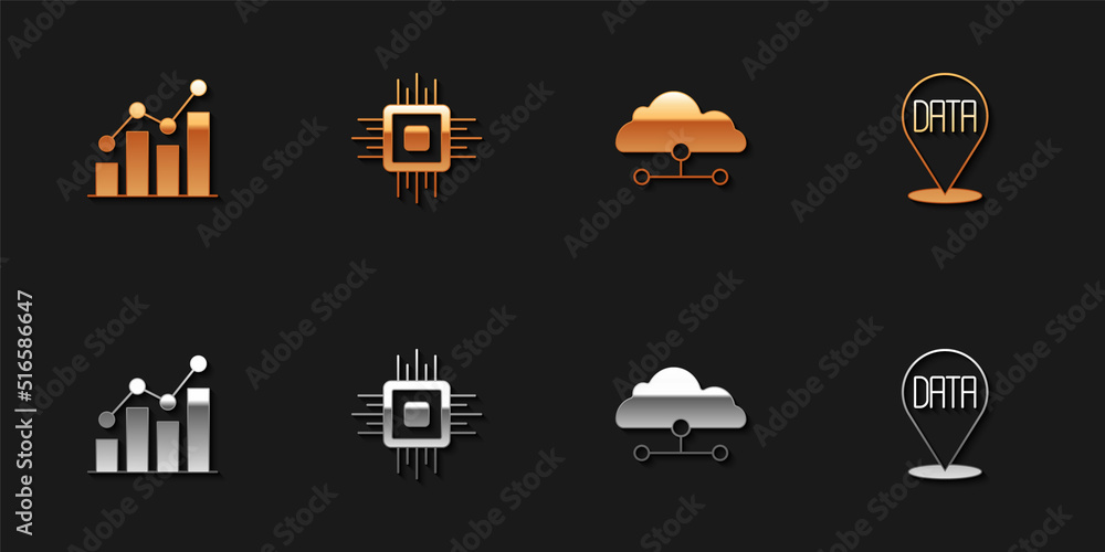 Poster set pie chart infographic, processor cpu, network cloud connection and data analysis icon. vector