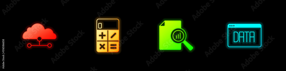 Poster set network cloud connection, calculator, document with graph chart and data analysis icon. vector