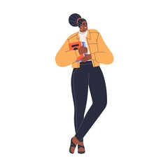 Young black woman holding books stack in hand. Happy girl with college literature portrait. Female student, reader with textbooks for education. Flat vector illustration isolated on white background