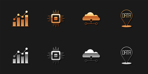 Set Pie chart infographic, Processor CPU, Network cloud connection and Data analysis icon. Vector