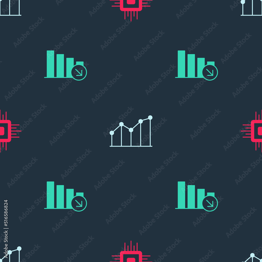 Poster set processor cpu, pie chart infographic and financial growth decrease on seamless pattern. vector