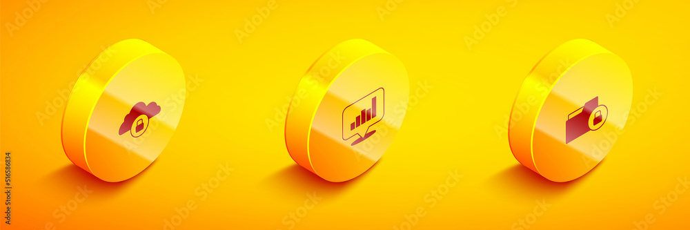 Poster set isometric cloud computing lock, pie chart infographic and folder and icon. vector