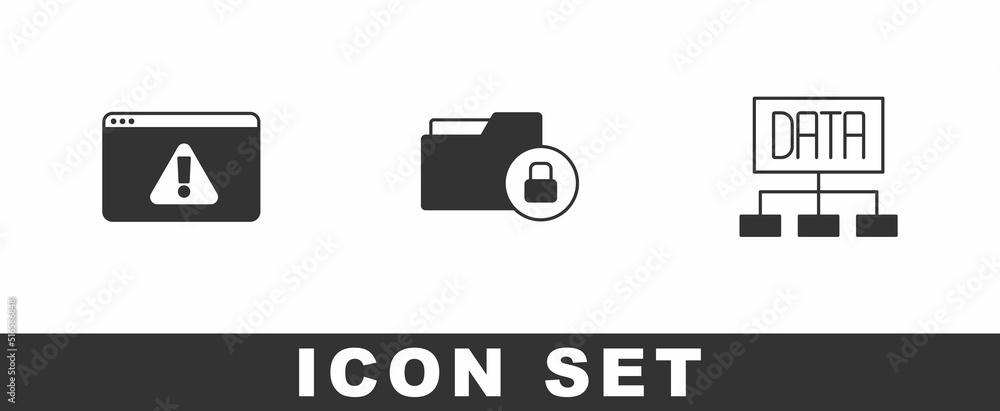 Poster set browser with exclamation mark, folder and lock and data analysis icon. vector
