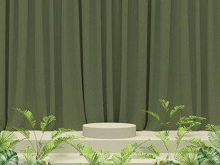 Nature concept mock up. White product podium with green curtain and trees on background.
