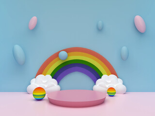 Round stage step podiums with rainbow on pastel blue background. Pedestal for kid product presentation. Geometric 3D render
