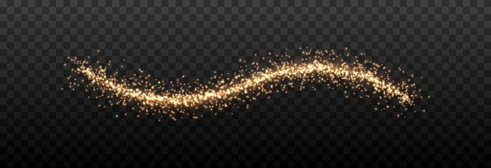 Vector magic dust trail png. Gold dust, golden light on an isolated transparent background. Christmas dust. Light trail, light effect png.