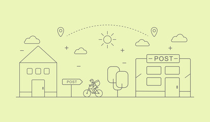 Fototapeta premium The delivery man rides a bicycle from the client to the post office building