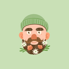 Man with flowers in his beard. Simple hand drawn vector illustration
