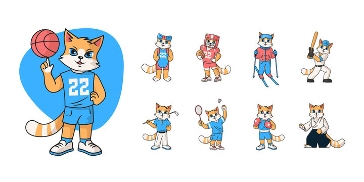 Cartoon sports children's set. Cat play basketball, rugby, golf, badminton, baseball, boxing, swims and skis.
