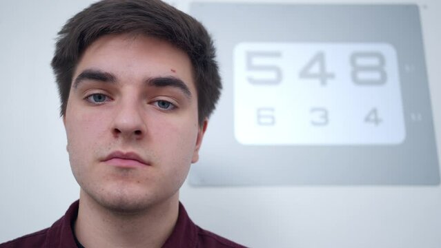 Close-up face of serious young Caucasian man on the left with ophthalmological numbers chart at background. Concentrated male patient posing in hospital indoors looking at camera