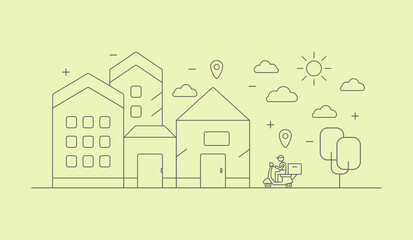 Delivery service courier on bike, home for delivery and address and delivery marker on map