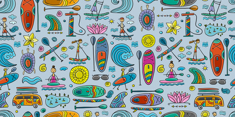 SUP boarding seamless pattern. Stand up paddling background for your design. People on paddle boards and equipment