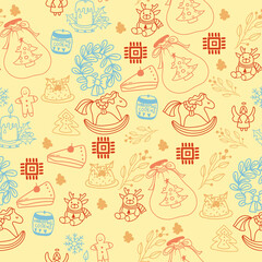 Cute seamless pattern with vector christmas illustrations. Cute vector hand drawn elements: gifts, spruce and mistletoe branches,socks,candles, confetti. Nice illustration for wrapping paper.