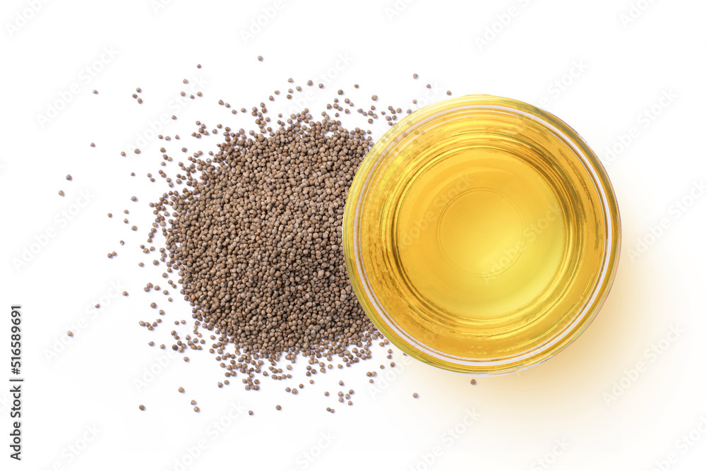 Poster perilla flutescens seeds and perilla seed oil in glass bowl isolated on white background, top view, 