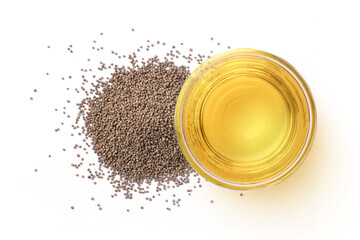 Perilla flutescens seeds and perilla seed oil in glass bowl isolated on white background, top view,...