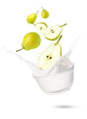 Green pear with yogurt or whipped cream splash and fresh fruit falling isolated on white background.