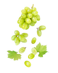 Green grape with leaves flying in the air isolated on white background.