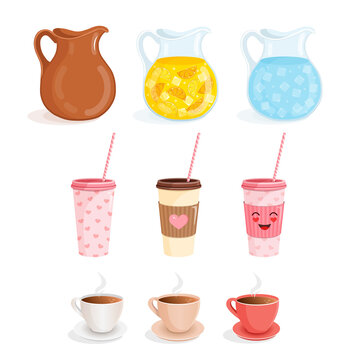 Set dishes for drinks. Set of vector illustrations of espresso, cappuccino, latte, raf with milk and sweet dessert.