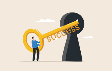 Key to success. Achieve business goals. Great achievements in responsibilities. career, occupation, profession, employment. Businessman inserting a golden key into a giant keyhole.