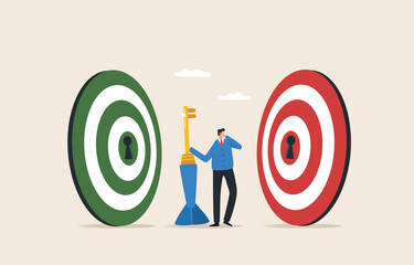 Business goals. Deciding on the choice of goals or target. Concentrate on business objective. A businessman holding a giant key is deciding to aim at a large target.