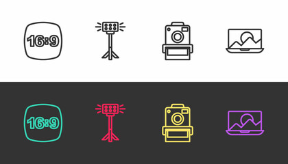 Set line Photo frame 16, Studio light bulb in softbox, camera and retouching on black and white. Vector