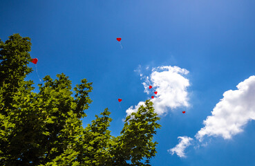 Rote Herz Luftballongs steigen bei einer Feier in den blauen Himmel mit weißen Wolken