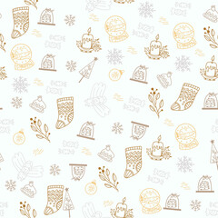 Cute seamless pattern with vector christmas illustrations. Cute vector hand drawn elements: gifts, spruce and mistletoe branches, socks and hats, confetti. Nice illustration for wrapping paper.