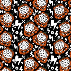 Halloween seamless monster pumpkins with eyes pattern for wrapping paper and fabrics and accessories and kids