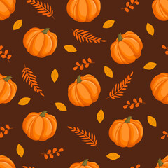 Seamless pattern with autumn pumpkins and yellow leaves. October harvest. Thanksgiving and Halloween. Vector illustration for fabrics, textures, wallpapers, posters, cards. Editable elements.