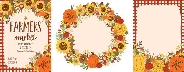 Harvest Festival poster set. Autumn fest banner collection. Farm market pumpkin, sunflowers, fall leaves. Fall harvest vector illustration. Fall farmers market banner design template. Sunflower frame.