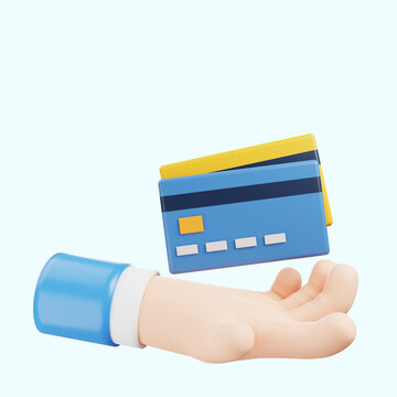 3d illustration of banking icon 3d hand holding debt card or credit card 3d rendering