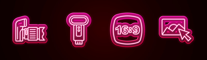 Set line Photo camera, flash, frame 16 and retouching. Glowing neon icon. Vector