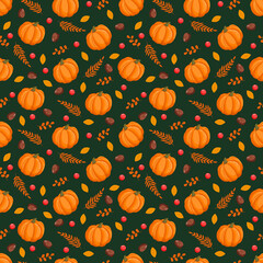 Seamless pattern with autumn pumpkins, leaves, fir cones and red berries. October harvest. Thanksgiving and Halloween. Vector illustration for fabrics, textures, wallpapers, posters, cards.