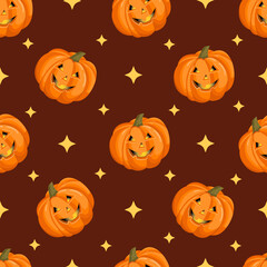 Seamless pattern with a pumpkin with a halloween face with stars. October harvest. Vector illustration for fabrics, textures, wallpapers, posters, cards. Editable elements.