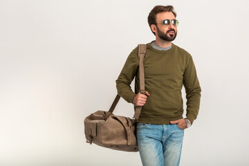 attractive stylish man traveler with bag