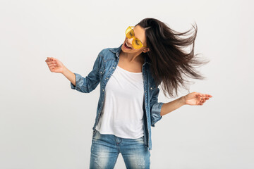 attractive smiling happy woman dancing waving long hair