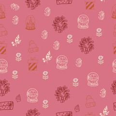 Cute seamless pattern with vector christmas illustrations. Cute vector hand drawn elements: gifts, spruce and mistletoe branches, socks and hats, confetti. Nice illustration for wrapping paper.