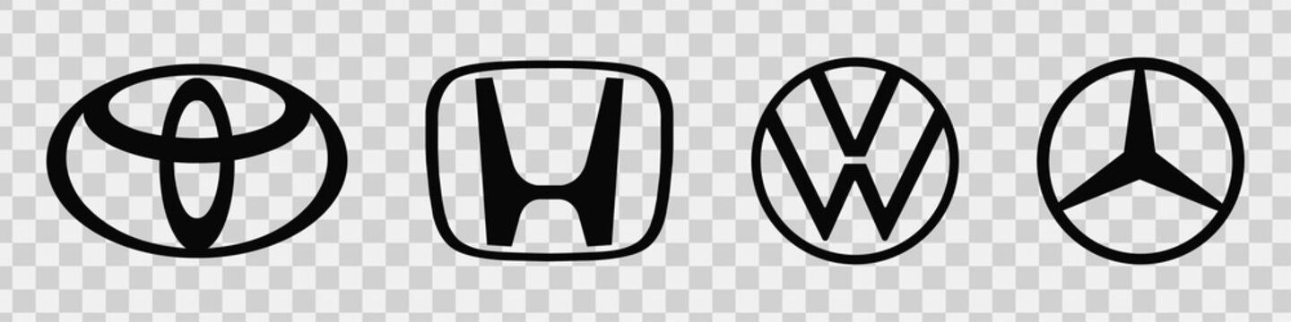 Popular car brands. Set of logos. Toyota, Honda, Volkswagen, Mercedes-Benz. Auto industry leaders. Vector illustration. VINNYTSIA, UKRAINE - JULY 12, 2022