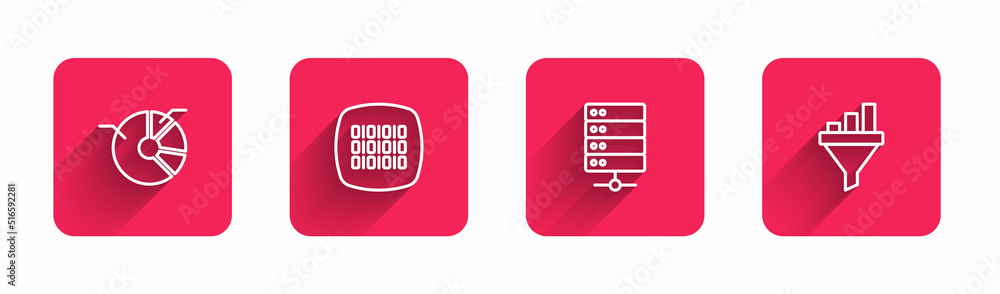 Poster Set line Pie chart infographic, Binary code, Server and Sales funnel with with long shadow. Red square button. Vector