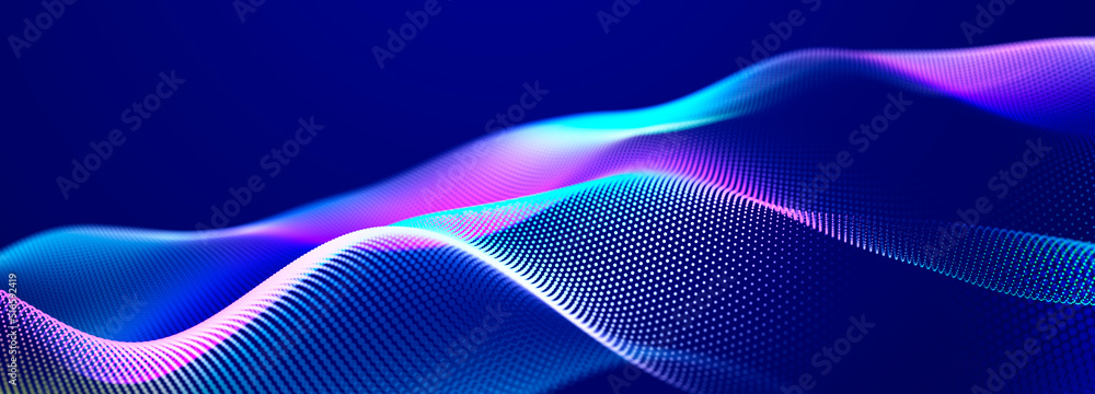 Wall mural Futuristic dots pattern on dark background. Colored music wave. Big data. Technology or Science Banner. 3D rendering