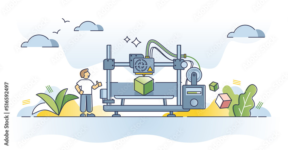 Poster 3d printing with three dimensional plastic printer hardware outline concept. machine for prototype m