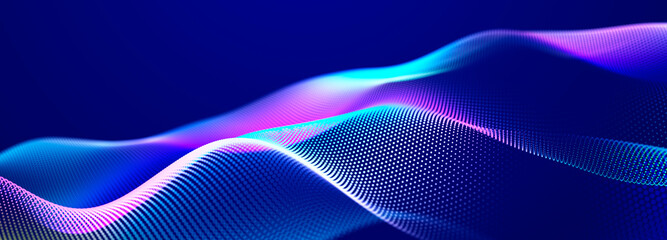 Futuristic dots pattern on dark background. Colored music wave. Big data. Technology or Science Banner. 3D rendering - obrazy, fototapety, plakaty
