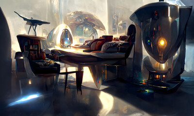 Artistic painting conception of a futuristic modern living room interior. Natural colors, digital art style, illustration painting.