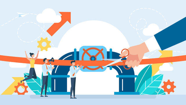 Grand opening concept. The ceremony, celebration, presentation, and event. Opening of the pipeline. Cutting the red ribbon. Pipeline supply of gas, oil, gasoline. Vector flat business illustration.