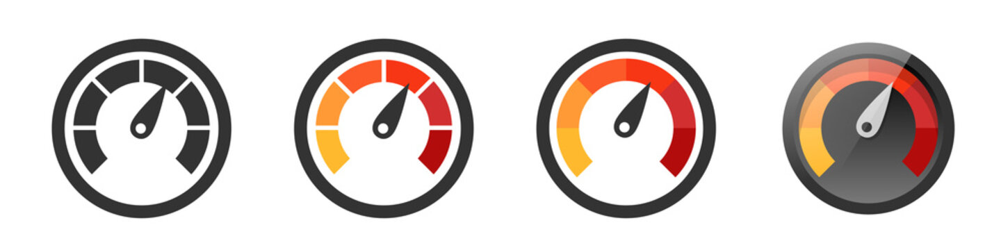 Set of speedometers. Car speed indicator black and color icons isolated on white background. Vector clipart.