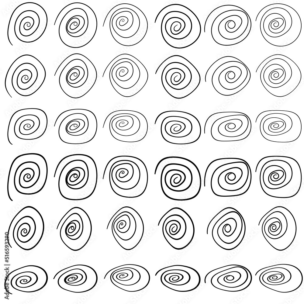 Poster Spirals vector set. A selection of similar black spirals.